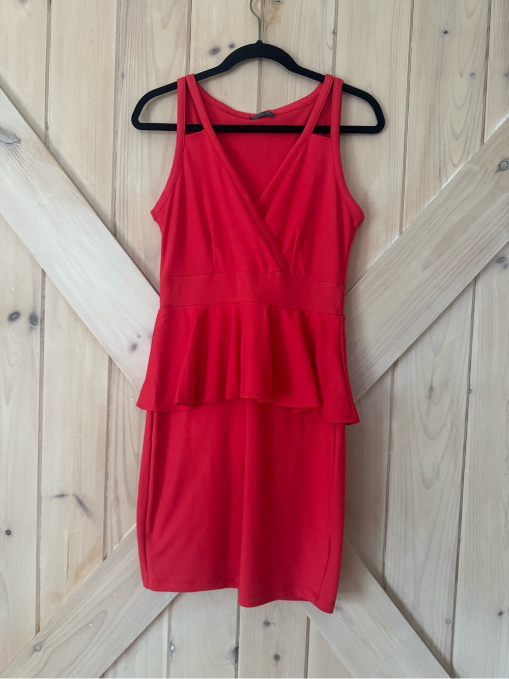 Soprano Red Peplum Dress Stretch Rayon Wrap V Neck Bodycon